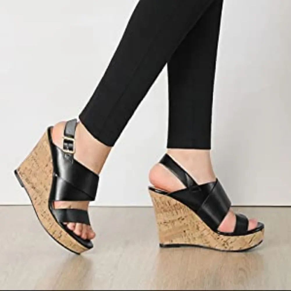FRANCO SARTO WEDGE ADJUSTABLE BUCKLE ANKLE CRISSCROSS STRAP OPEN TOE SANDAL
